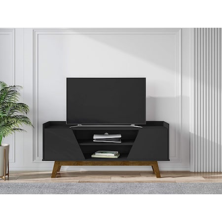 Manhattan Comfort Mid-Century Modern Marcus 53.14 TV Stand with Solid Wood Legs in Matte Black 259BMC8