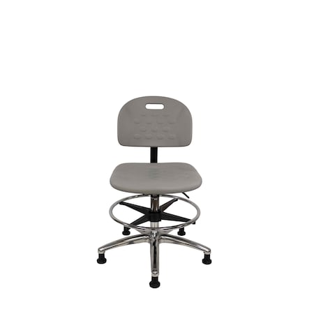 Blue Ridge Ergonomics Poly Chair Chrome - Medium Bench Height with Chrome Foot Ring & Stationary Glides in Gray Poly HPMBCH-CR-T0-A0-CF-RG-GRY