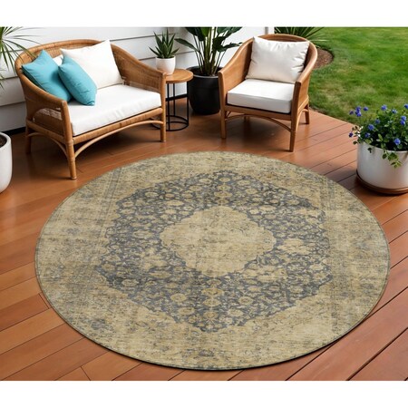 Homeroots 8' Charcoal And Beige Round Medallion Washable Indoor Outdoor Area Rug 616462