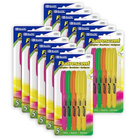 Bazic Products Pen Style Fluorescent Highlighters with Pocket Clip, 60PK 2301