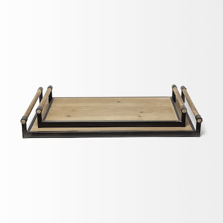 Homeroots Set of Two Brown Wood Indoor Outdoor Serving Tray With Handles 376039