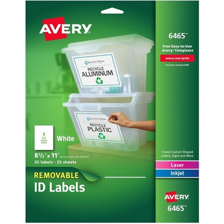 Avery Dennison Avery, REMOVABLE MULTI-USE LABELS, INKJET/LASER PRINTERS, 8.5 X 11, WHITE, 25PK 6465