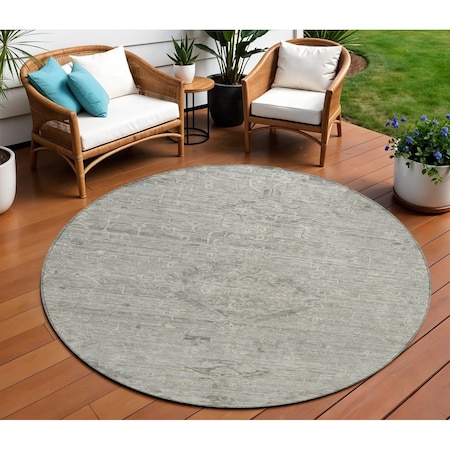 Homeroots 8' Pewter And Beige Round Floral Washable Indoor Outdoor Area Rug 604242