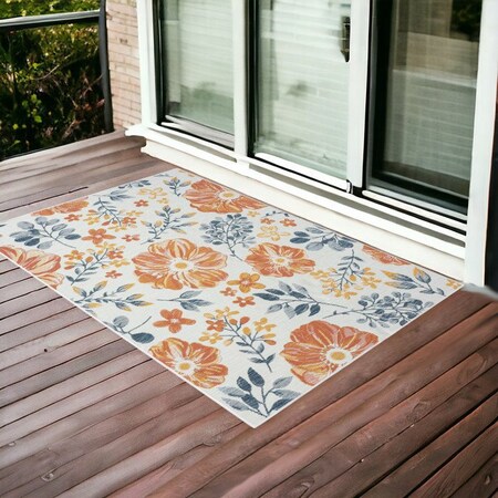 Homeroots 2' X 3' Ivory Orange and Blue Floral Stain Resistant Indoor Outdoor Area Rug 548898