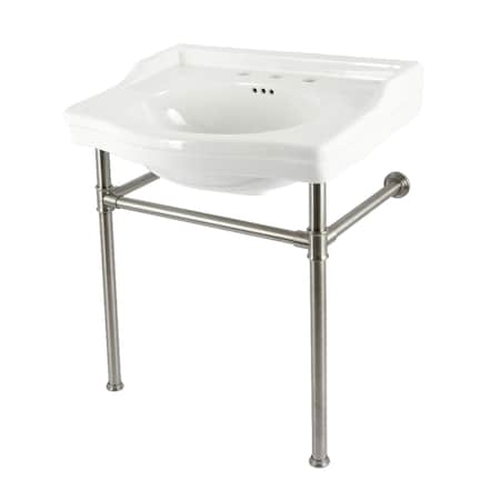 Kingston Brass 30" Ceramic Console Sink with Stainless Steel Legs, 8-Inch, 3-Hole, White/Brushed Nickel VPB33088ST