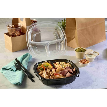 Sabert 3-Compart Hinged Square Container Black Base w/ Clear Lid 39 oz 1000748