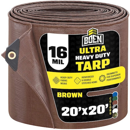 Boen Ultra Heavy Duty Tarp, 20 ft x 20 ft, 16 Mil, Brown, Polyethylene BR16T-2020