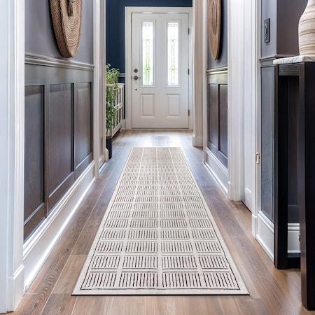 World Rug Gallery Bohemian Stripe Lines Washable Non Slip Runner Rug 2 ft x 10 ft Ivory WR68IVORY2X10