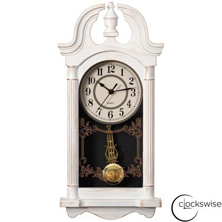 Clockswise 20in Plastic Grandfather Wood-Grain Finish Wall Clock with Battery-Operated Swinging Pendulum, White QI004819-20.WT