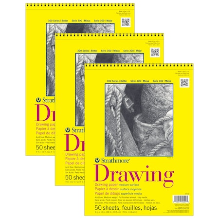 Strathmore 300 Series Drawing Pad, Top Wire Binding, 50 Sheet, 9x12 inch, 3PK P340-9-03