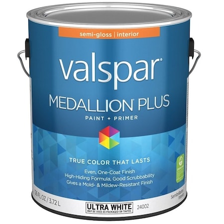Valspar Medallion Plus 2700 Latex Paint, Acrylic Base, Semi-Gloss Sheen, Ultra White Base, 1 gal 028.0024002.007