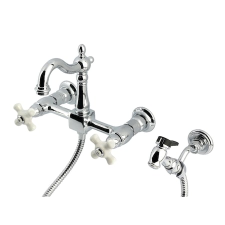 Kingston Brass Two-Handle Wall Mount Bridge Kitchen Faucet with Brass Sprayer, Polished Chrome KS2441PXBS