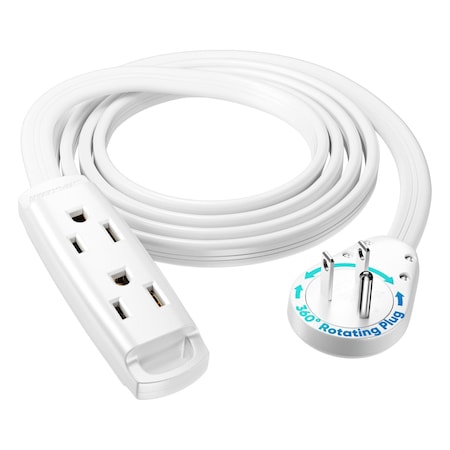Maximm 6ft 14AWG 3-Outlet 360 degrees Flat Plug Extension Cord w/ Loop, UL, White ADW-S360-C1F06-14W0