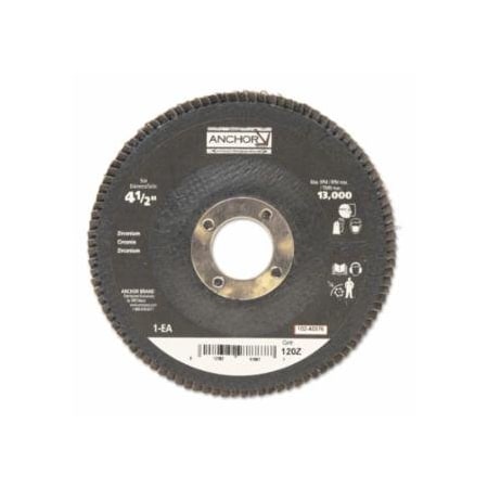 Anchor Brand Abrasive High Density Flap Disc, 4-1/2 in dia, 120 Grit, 7/8 in Arbor, 13300 RPM, Type 27, 10PK 102-40376