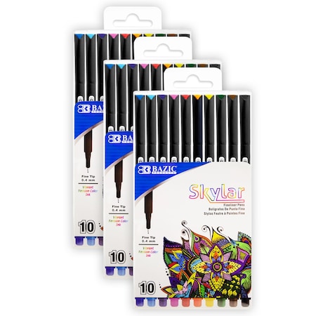 Bazic Products Skylar 0.4 mm Fineliner Pen, 3 Boxes of 10 Colors Per Box, 30PK 17036