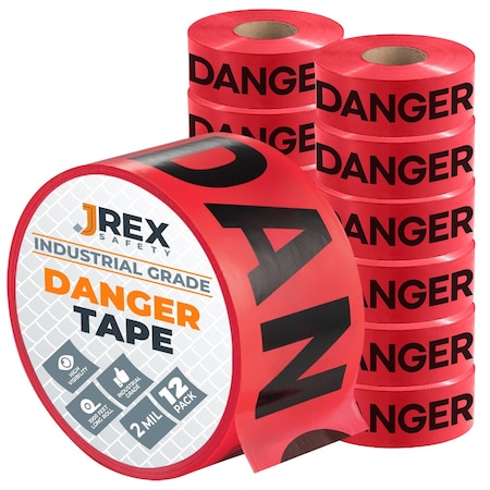 Jrex Safety Danger Tape Roll - 1000 Ft x 3 Inch Wide Each - Red, 12PK PDT-JR-12PK