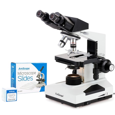 Amscope B490 Binocular Compound Microscope 40X-2000X Magnification with 50 Slides and 100 Coverslips B490B-50P100S