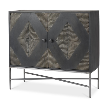 Homeroots 36in Dark Brown and Silver Solid Wood and Iron Carved Geometric Accent Cabinet With Two Doors 611059