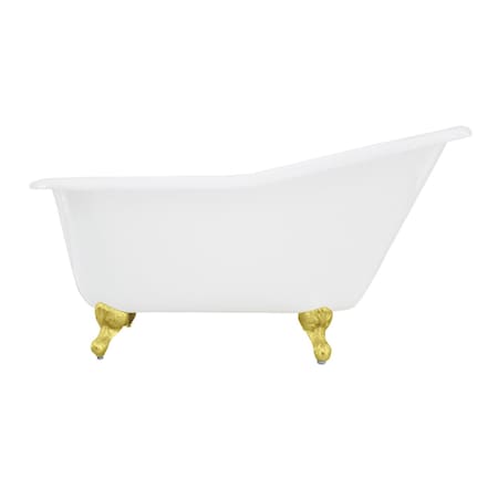 Kingston Brass 60" Cast Iron Oval Single Slipper Clawfoot Tub, No Faucet Drillings, White/Polished Brass VCTND6030NT2