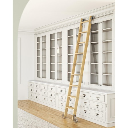 Quiet Glide 8.92 ft. White Oak Sunburst Wheel Polished Chrome Rolling Hook Removable Ladder, 12 ft. Rail QG.510-9WO-12-H.04