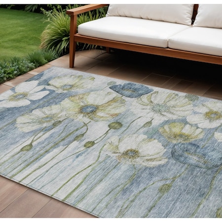 Homeroots 10' X 14' Denim Blue And Sky Blue Floral Washable Indoor Outdoor Area Rug 582751