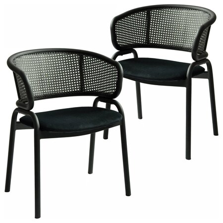 Leisuremod Ervilla Dining Chair in Black Steel Frame with Black Wicker Back and Black Seat, 2PK ECBL-20BL-BL2