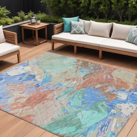 Homeroots 9' X 12' Coral Teal Blue And Mint Green Abstract Washable Indoor Outdoor Area Rug 618542