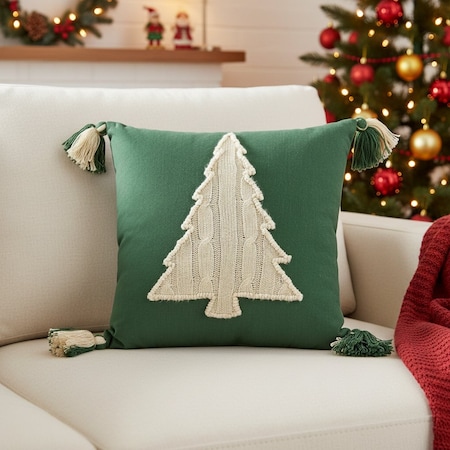 Homeroots 18" Green And Ivory Cotton Christmas Tree Throw Pillow with Tassels 719250
