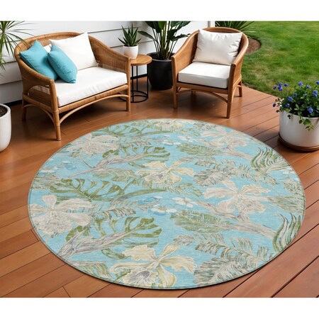Homeroots 8' Teal Blue Olive Green And Beige Round Botanical Leaves Washable Indoor Outdoor Area Rug 618414