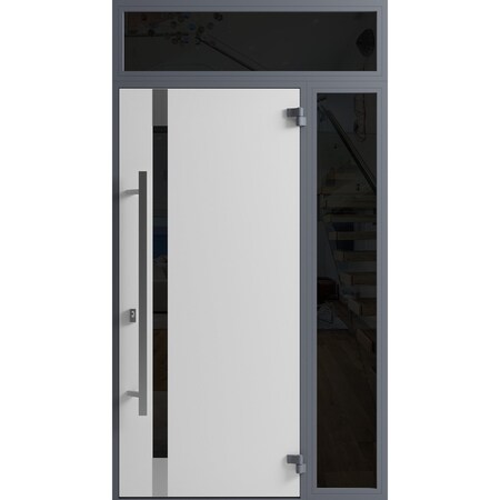 Vdomdoors Front Exterior Prehung Steel Door Ronex1011 Grey Sidelight and Transom Window Sidelite Stainless RONEX1011EXD-GRE-W36+16 X H80+16-LH-I