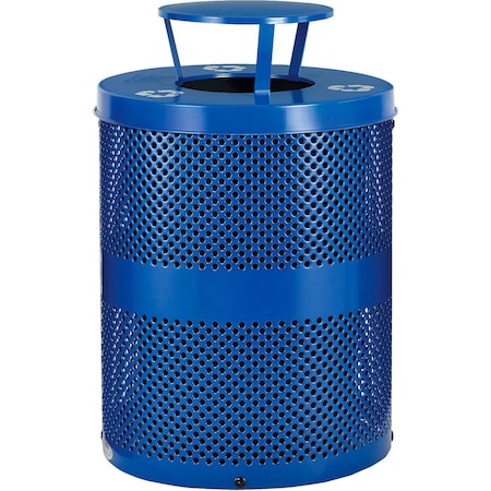 Global Industrial Outdoor Perforated Steel Recycling Trash Can, Rain Lid, 36 Gallon, Blue B3178681