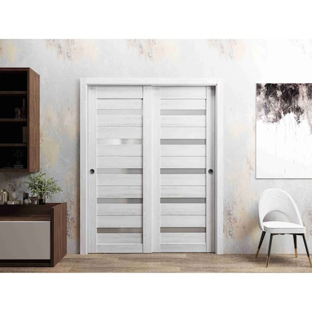 Sartodoors Sliding Closet Bypass Doors 36 x 80in, Quadro 4445 Nordic White W/ Frosted Glass, Sturdy Rails QUADRO4445DBD-NOR-36