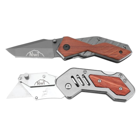 Performance Tool 2 pc. Hybrid Handle Knife Set, Tanto and Utility Blade, Pocket Clip, Tray W9373