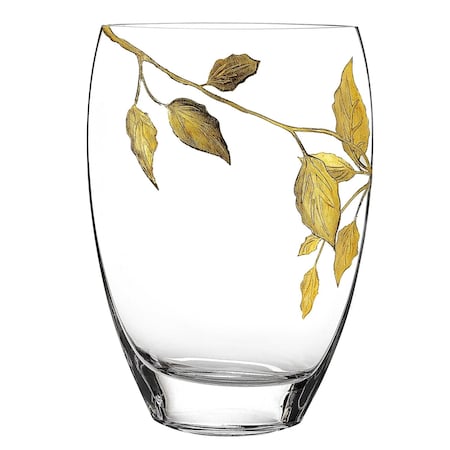 Homeroots 12" Clear And Gold Leaves Oval Crystal Glass Table Vase 375732