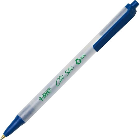 Bic ECOLUTIONS CLIC STIC RETRACTABLE BALLPOINT PEN, 1MM, BLUE INK, CLEAR BARREL, DOZEN CSEM11BE