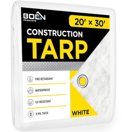 Boen Construction FR Tarp, 20 ft x 30 ft, 8 Mil, White, Polyethylene CT-2030