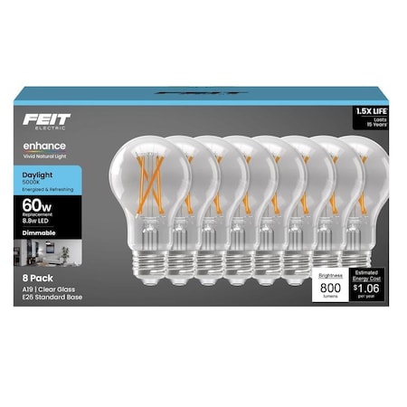 Feit Electric Feit A19 E26 Medium Filament LED Bulb Daylight 60 Watt Equivalence, 8PK A1960CL950FL8GB
