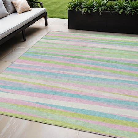 Homeroots 5' X 8' Mint Green Pink And Blue Striped Washable Indoor Outdoor Area Rug 597338