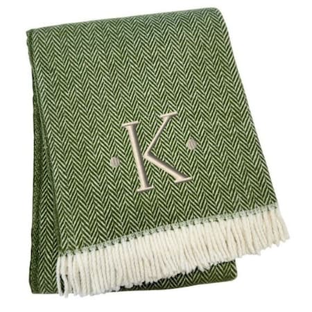 Homeroots 55" X 70" Moss Green White Herringbone Cotton Blend K Initial Throw Blanket with Tassels Embroidery 680594
