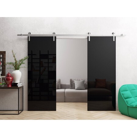 Sartodoors Double Barn Door 56 x 96 inches, Planum 0010 Gloss Black, 13FT Silver Rail Track Set, Solid Panel I PLANUM0010DB-S-GLB-5696