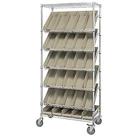 Global Industrial Easy Access Slant Shelf Chrome Wire Cart 30 4"H Shelf Bins Ivory 36Lx18Wx74H 269003BG