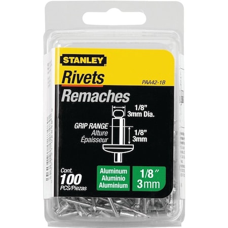 Stanley Pop Rivet, Reusable, 1/8 in Grip, 1/8, 1-1/2 in L, Aluminum, 100/PK, 100PK PAA42-1B