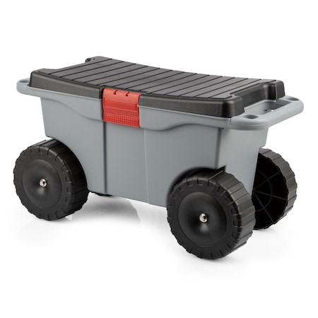 Pure Garden Rolling Garden Cart w/ Seat Plastic Storage w/ Bench & Interior Tool Tray Gardening Stool 50-LG1493