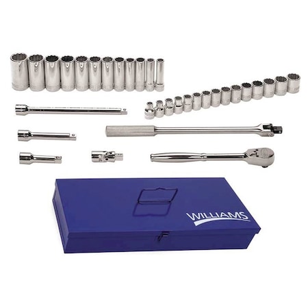 Williams Williams Socket and Tool Set, 1/2" D, 12Pt, 33pcs., System of Measurement: Inch JHWMSS-33FTB