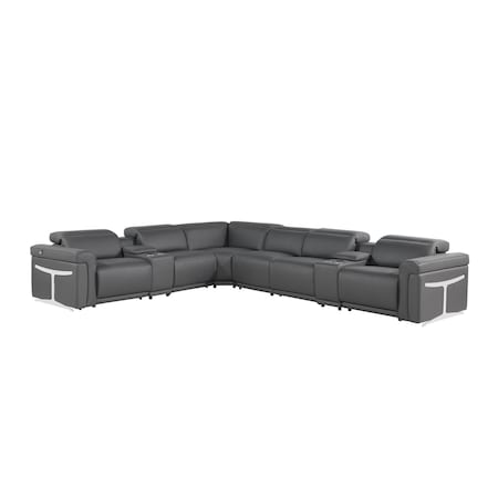 Homeroots Gray Italian Leather Modular L Shaped Eight Piece Corner Sectional With Console 534869