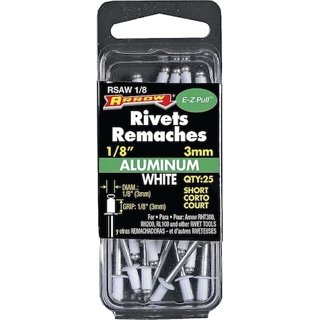 Arrow Lock Pop Rivet, Short, 1/8 in L, Aluminum, 25PK RSAW1/8