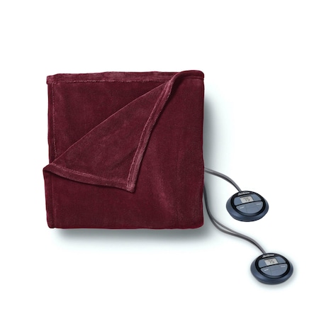 Sunbeam Queen Electric Heated MicroPlush Blanket in Garnet with Dual Digital Display Controllers 2152776