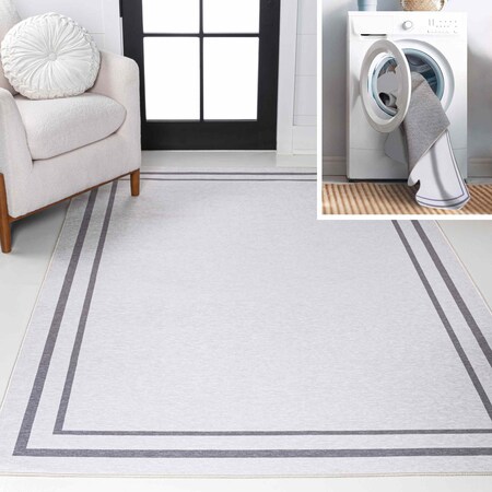 Jonathan Y Sloane Classic 2-Stripe Border Non-Slip Machine-Washable White/Gray 5 ft. x 8 ft. Area Rug WSH125B-5