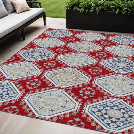 Homeroots 5' X 8' Red And Navy Blue Floral Washable Indoor Outdoor Area Rug 610770