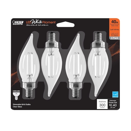 Feit Electric Feit White BA10 E12 (Candelabra) Filament LED Bulb Soft White 40 Watt Equivalence 4 pk BPCFC40927WFIL4